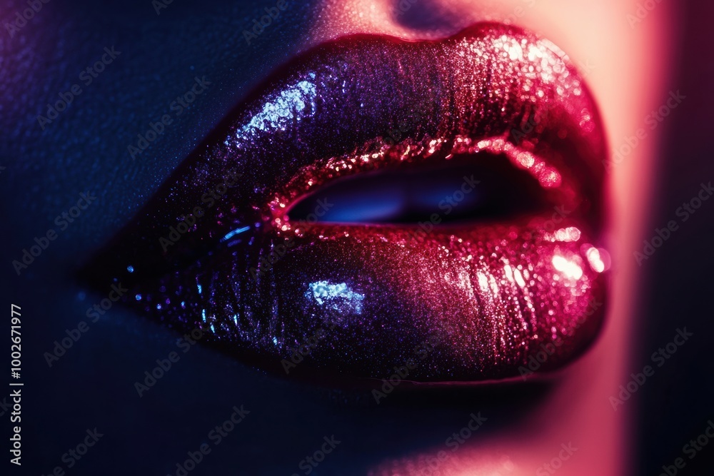 Poster Close-up of glossy lips showcasing a vibrant, shiny finish against a colorful backdrop in an artistic setting. Generative AI