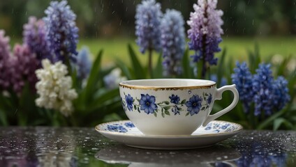 White teacup with floral pattern next to hyacinths, with raindrops behind.