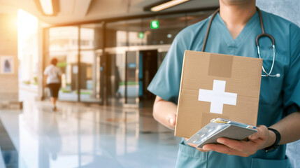 Medical delivery person in uniform holding prescription drug package with medical cross symbol, standing at modern hospital entrance, with copy space for text or design.