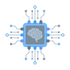 Artificial intelligence in the form of a processor circuit with the brain inside, isolated on a white background. Flat vector illustration