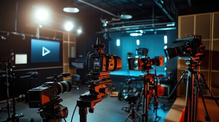 Fototapeta premium High-end video recording studio featuring multiple cameras, boom mics, and professional lighting for filming high-quality content.