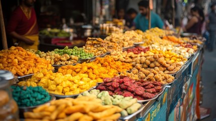 Fototapeta premium A colorful Indian street food stall, with a variety of snacks and sweets on display, attracting a bustling crowd.