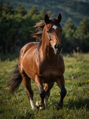 Obraz premium Wild horse galloping in a grassy meadow.
