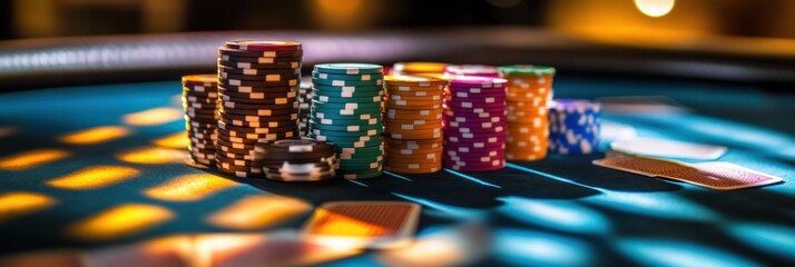 A vibrant casino table filled with colorful poker chips and playing cards during an exciting gaming night. Generative AI