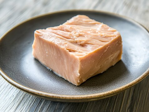 A piece of meat is sitting on a plate. The meat is cut into small pieces and he is a type of fish. The plate is black and the meat is white