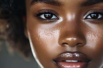 A woman with dark hair and brown eyes is smiling and looking at the camera. She has a lot of makeup on her face, including foundation, blush, and eye shadow. Concept of confidence and beauty