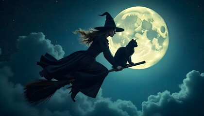 A woman in a witch costume is flying on a broomstick. A cat is sitting on the broomstick