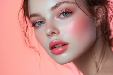 Fototapeta premium A woman with a pinkish face and blue eyes is wearing makeup. She has a pink lip color and her eyes are framed by her lashes. The image has a soft and feminine feel to it