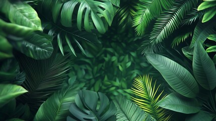 Fototapeta premium Lush greenery fills the dense jungle creating a vibrant, serene atmosphere in the heart of the tropical forest
