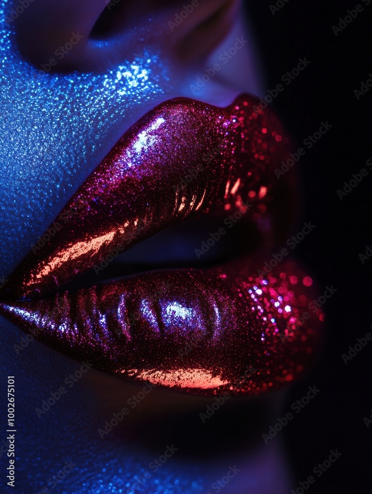 Poster close-up of glossy lips with vibrant shiny finish reflecting colorful light in a dramatic, artistic 