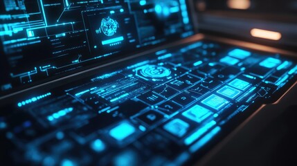 Modern laptop showing advanced digital technology interface with blue glowing holographic designs.