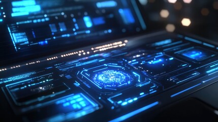 Obraz premium Modern laptop showing advanced digital technology interface with blue glowing holographic designs.