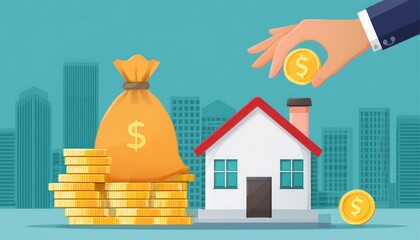 Investment concept with money bag and house, flat design