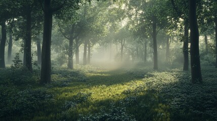 Fototapeta premium A dense forest at dawn, covered in mist