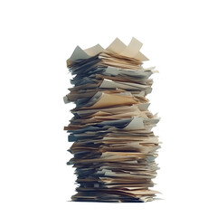 tall stack of papers, suggesting backlog of work or mountain of paperwork on transparent background.