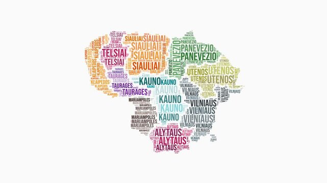 Lithuania regions word cloud animation. Country logo animated video. Lithuania colored text cloud. Regions typography style motion graphics. Beautiful video.