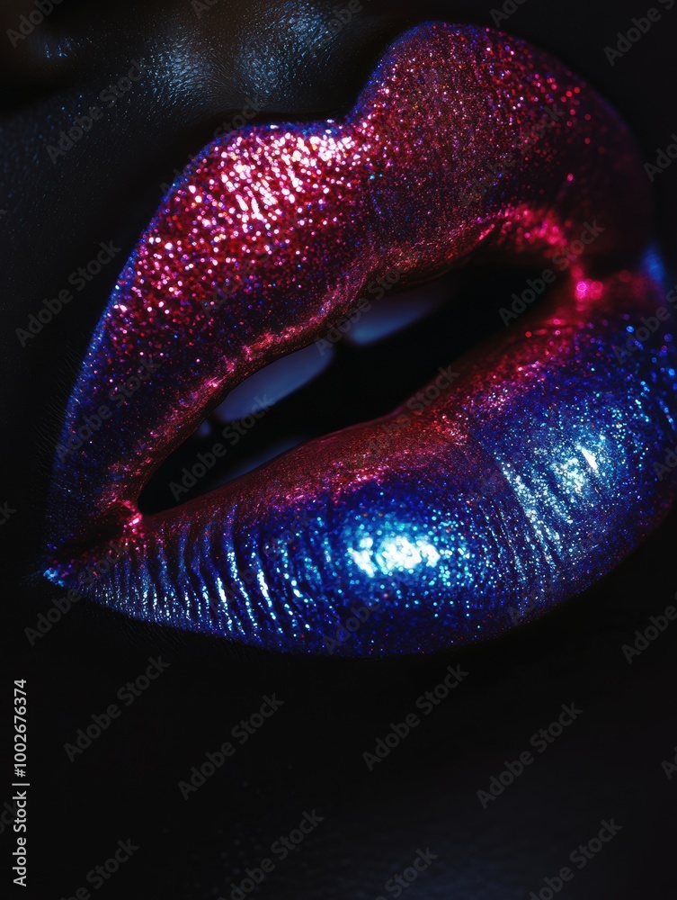 Poster close-up of glossy, shimmering lips reflecting vibrant colors in a stunning artistic composition. ge