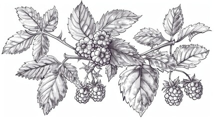 Line sketch drawing of rasberry plant fruit
