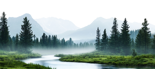 Peaceful mountain landscape with a river flowing through a dense forest, isolated on transparent cutout background