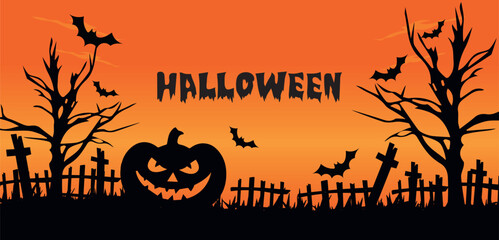 Vector illustration. Halloween flyer. Halloween pumpkins and bats. Silhouette banner design template