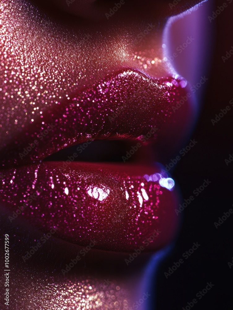 Poster Close-up of glossy lips showcasing a vibrant, shiny finish with a captivating sparkly texture and rich color. Generative AI