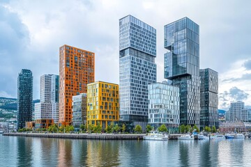 Fototapeta premium Modern high buildings in Bjorvika district near modern architecture business area in the center of Oslo - Norway, Generative AI