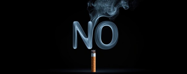 A black and white image of a cigarette with the word NO written in smoke