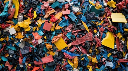Pile of shredded plastic scraps in different colors, ready for recycling, with a chaotic mix of shapes and materials.