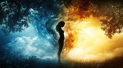 Fototapeta premium serene woman standing confidently in silhouette, surrounded by contrasting elements of nature, representing harmony between light and dark