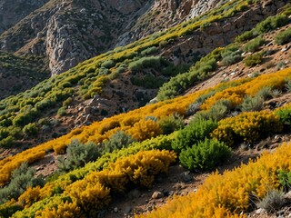 Yellow and green shrubs on a gray mountain slope in Spain.