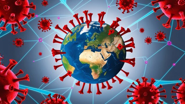 Global Pandemic Illustration Earth Surrounded by Virus Particles and Network Lines Highlighting Worldwide Spread