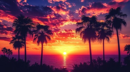 Stunning Sunset View with Silhouetted Palm Trees for Travel and Leisure