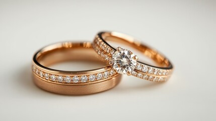 Two gold wedding rings with diamonds on a white surface with soft natural light