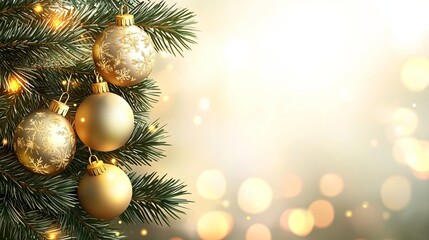 Merry Christmas and New Year. Festive composition. Beautiful light Christmas design. Fir branches, shiny golden balls, confetti and baubles. Christmas background.