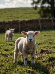 Young lambs in a field.