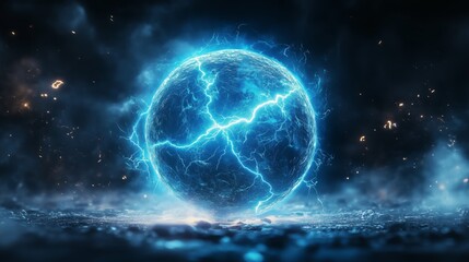 Obraz premium A blue sphere with lightning bolts radiating from it, creating an electric effect against the dark background.