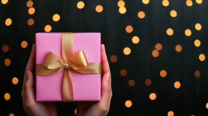 Fototapeta premium beautifully wrapped pink gift box with golden ribbon is held in hands against backdrop of soft, glowing bokeh lights, creating warm and festive atmosphere