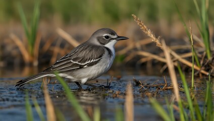 Young white wagtail resting on bulrush.