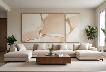 A modern and minimalist living room with a large beige sectional sofa, a wooden coffee table, and a large abstract artwork on the wall.