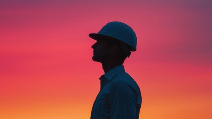 Engineer holding a helmet in silhouette, construction site stretching behind them, Engineer silhouette, site inspection