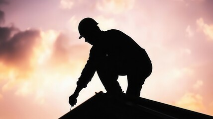 Silhouette of a construction worker hammering nails on a rooftop with a cloudy sky, Worker silhouette, roofing work silhouette