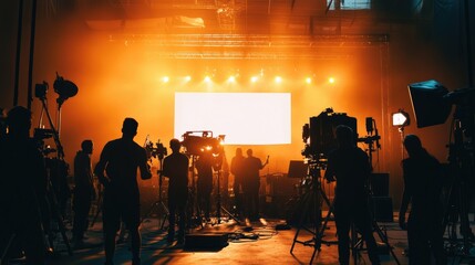 Silhouettes of a film crew working behind the scenes in a large production studio, with bright studio lights and equipment in the background.