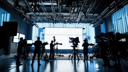 Silhouettes of technicians adjusting lighting and cameras in a spacious production studio, preparing for a commercial shoot.