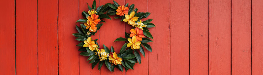 Obraz premium vibrant floral wreath adorned with yellow and orange flowers is displayed against bright red wooden wall, creating cheerful and inviting atmosphere