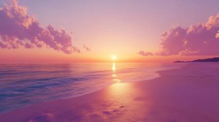 Obraz premium A serene beach at sunset, the sky glowing with orange and purple