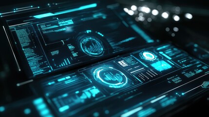 Obraz premium Smart laptop displaying advanced digital technology with a futuristic interface, surrounded by glowing blue light.