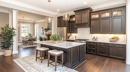 Fototapeta premium photo of modern farmhouse kitchen with white cabinets, island and wood dining chairs
