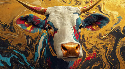 Beautiful golden sand paint abstract art cow illustration

