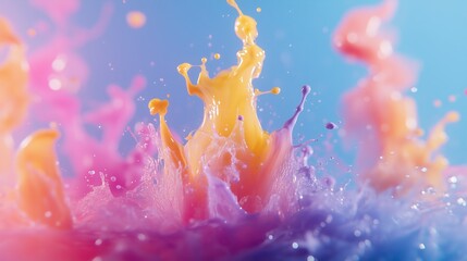 Obraz premium A photo shows colorful ink in water. A large splash made visible on the top left side by one droplet
