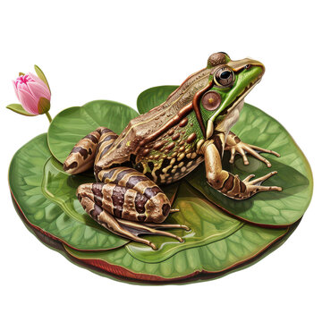 A colorful frog resting on a lily pad, surrounded by vibrant green leaves and a delicate pink flower, showcasing nature's beauty.